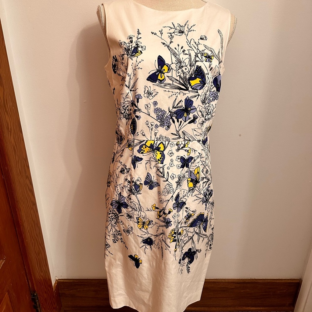 Talbots RSVP butterfly Dress, Sz 6 Petite—white cotton sheath, blue/yellow print